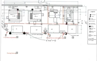 CAD layout drawing of industrial safety fencing for heavy duty sheet metal storage zones in metal recycling facility, modular ISO 13857 compliant machine guarding