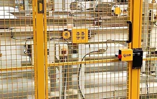 Mdfence safety guarding systems hinge gate with Omron or Pizzato interlock mounting interface to prevent drill-induced misalignment and nuisance stops