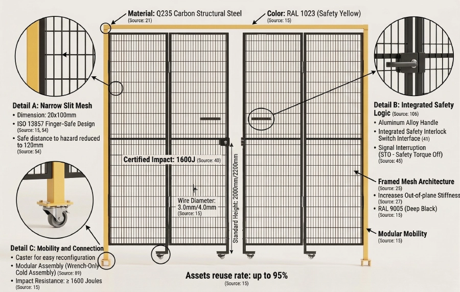 Machine guard fencing installation for tight indoor recycling space with compact safety distance