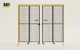 Robot Safety Fence hero close-up of a yellow framed Mdfence safety gate with lock hardware for WES-connected warehouse interlocks