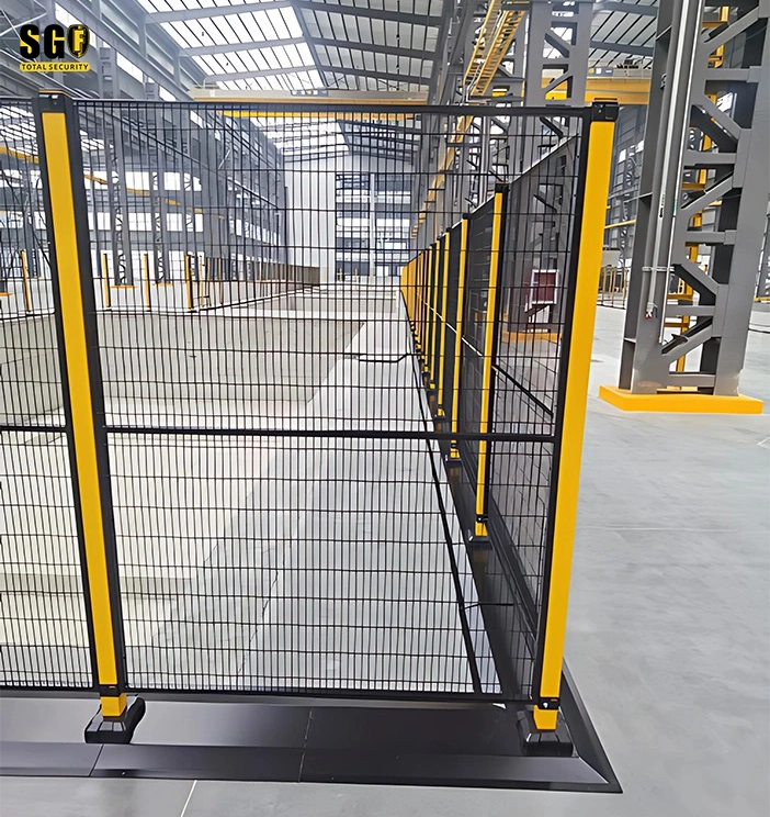 Industrial Safety Fence corner detail with yellow post and top beam for modular perimeter closure