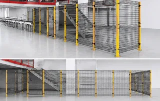 sistema di recinzione di sicurezza industriale con pannelli in rete metallica saldata e montanti in acciaio giallo in un recinto di magazzino