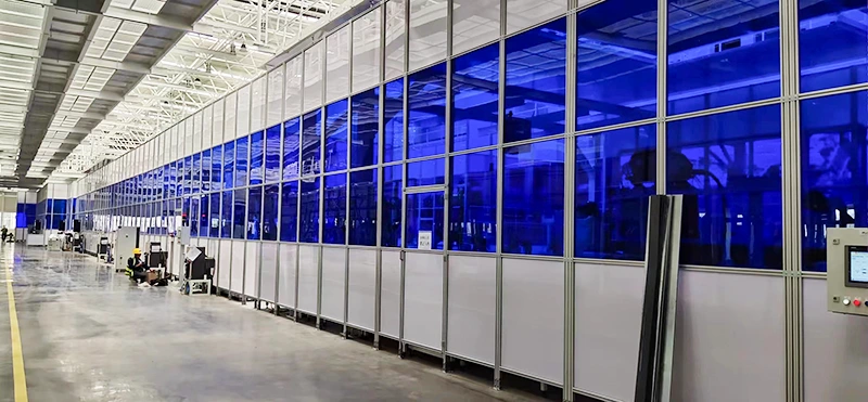 Aluminum profile safety guarding enclosure with transparent panels, modular frames, and integrated access door