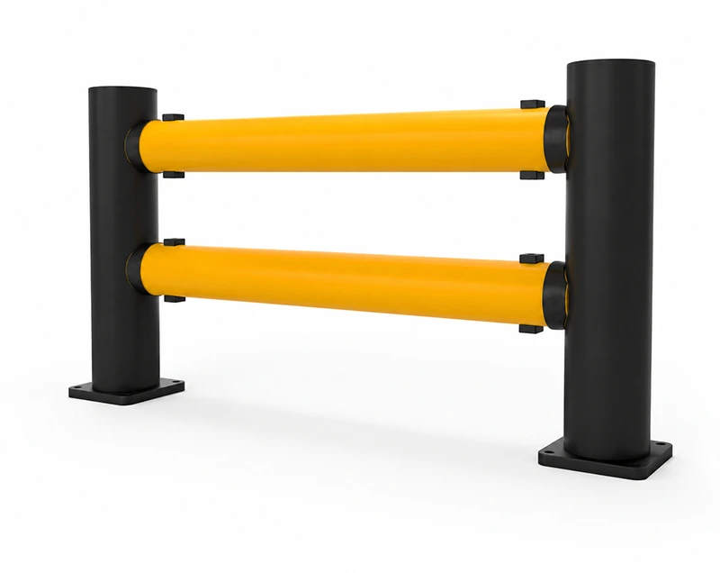 ARMORFLEX Barrier industrial safety barrier with dual yellow rails, bollard posts, and bolt-mounted base plates