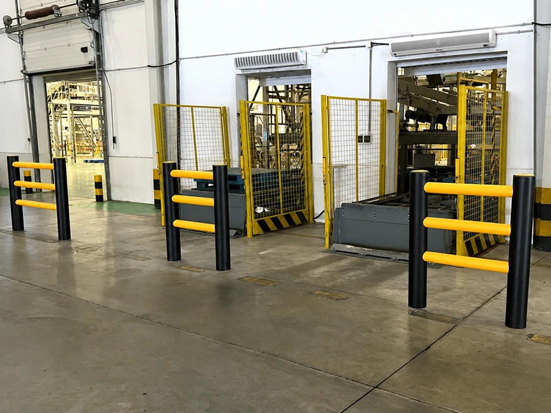 Polymer Safety Barrier with factory-installed yellow rails and mesh gates around conveyor openings