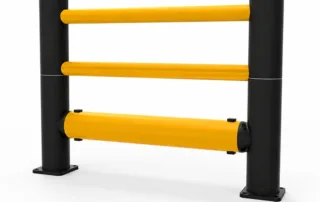 Powder-coated steel safety barrier with triple yellow rails and bolted base plates