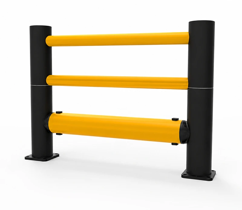 Polymer Safety Barrier triple-rail structure with bolted base plates for auditable installation