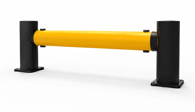 3D render of a yellow steel crash barrier with black bollard posts and bolted base plates