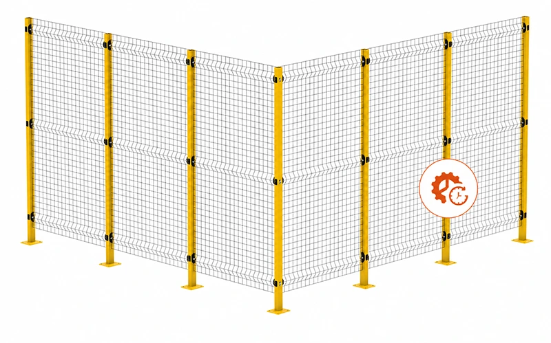 3D render of modular industrial safety fencing with yellow steel posts and welded wire mesh panels