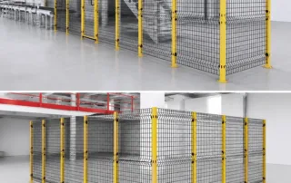 Recinzione di sicurezza industriale modulare con pannelli in rete metallica saldata, montanti in acciaio gialli e piedini di base