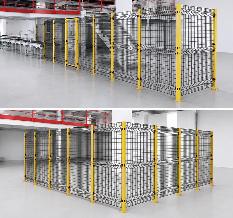 Modular industrial safety fencing with welded wire mesh panels, yellow steel posts, and base feet