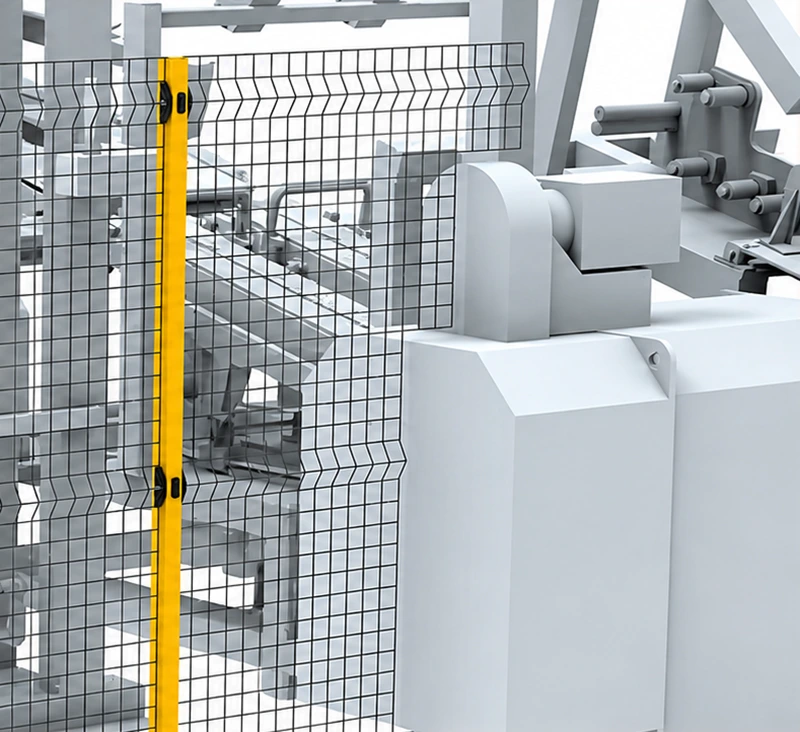 Heavy duty construction fence with wire mesh panels, yellow posts, and locking gate hardware for machine guarding