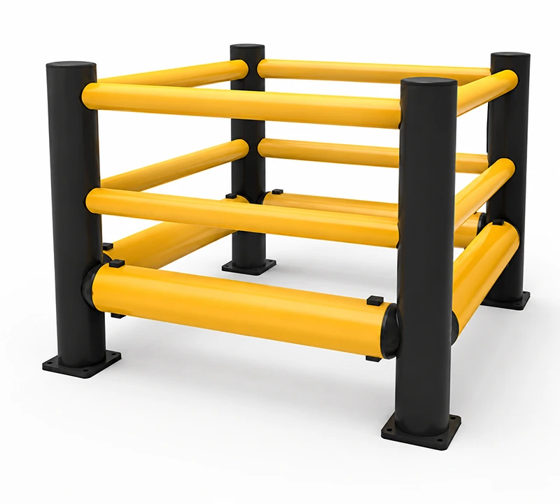 Modular flexible rack protection frame in yellow and black with tubular rails, corner posts, and bolted base plates