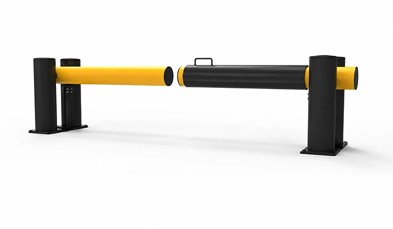 FCBarrier dual-post boom barrier segment with center handle and bolt-mounted base plate for industrial aisle isolation