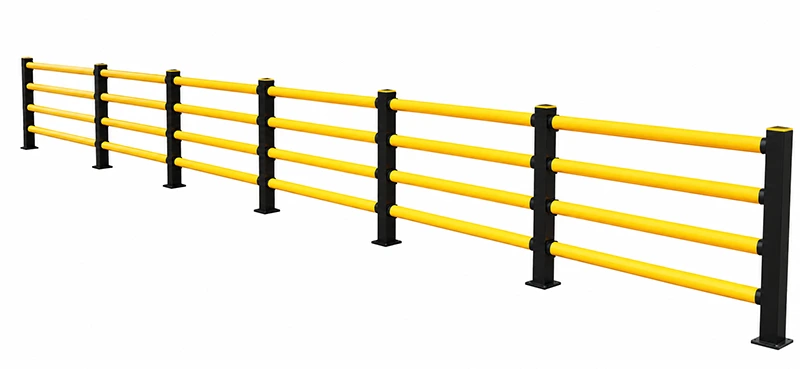 Forklift Impact Protection in a 3D render of a modular warehouse safety barrier with yellow tubular rails and black steel posts