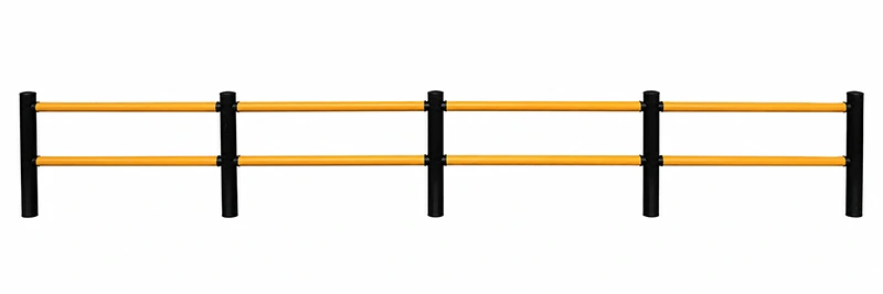 FCBarrier modular industrial barrier fence with black uprights and dual safety rails separating pedestrian apron walkways from baggage tug and fuel truck lanes.