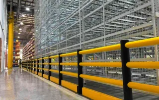Self-Rebounding Barrier floor-mounted warehouse safety barrier with yellow rails and black impact-resistant posts