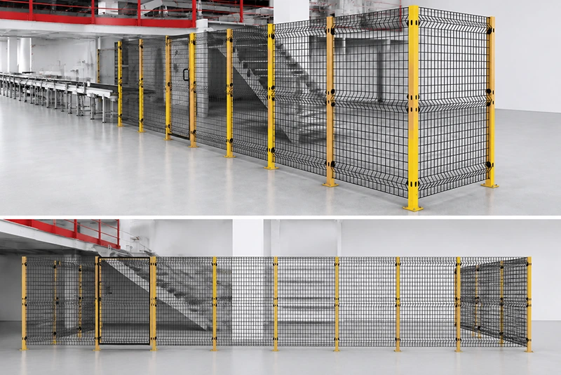 Industrial construction fence with welded wire mesh panels and yellow steel posts in warehouse enclosure
