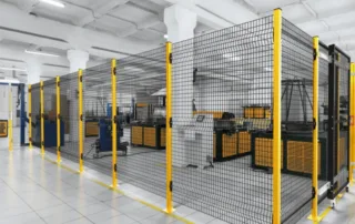 Modular industrial safety fencing with yellow steel posts enclosing automated factory equipment