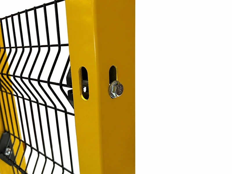 Safety fence industrial close-up of slotted post, clip connection, and powder-coated welded mesh panel