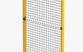 Yellow industrial safety fence panel with welded wire mesh, bolted floor plates, and rigid steel posts