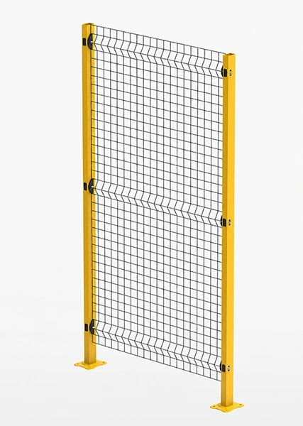 Heavy duty construction fence panel with welded wire mesh, rigid steel posts, and bolted floor plates for industrial area demarcation