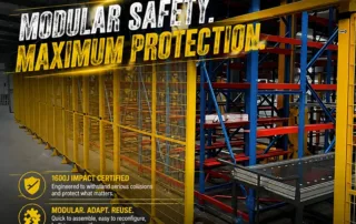 Modular industrial safety fencing with yellow mesh panels and bolted steel posts for machine guarding