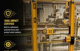 Yellow machine safety fence gate with welded mesh panels and interlock locking system for automation line access control