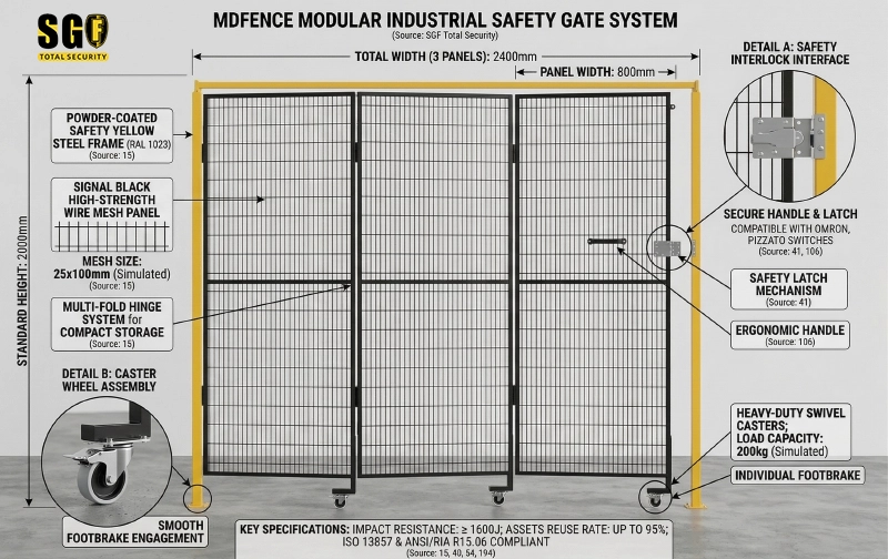 Beschriftetes modulares industrielles Sicherheitstor mit Drahtgitterpaneelen, Verriegelungsriegel, Rollen und Fußbremsen für ein konfigurierbares Maschinenschutz-Layout