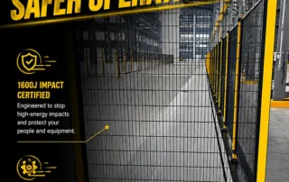 Modular industrial machine safety fencing with mesh panels, yellow steel posts, and anchored base plates defining a warehouse equipment isolation aisle