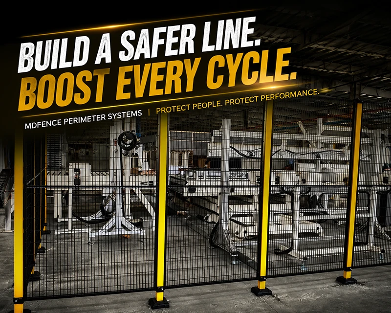 Vallado de seguridad industrial para maquinaria con paneles de malla soldada y postes de acero amarillos alrededor de una línea de automatización para protección perimetral