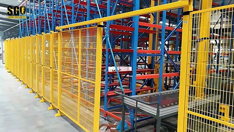 Toma panorámica en perspectiva de una valla de seguridad amarilla de almacén junto a la zona de estanterías y transportadores