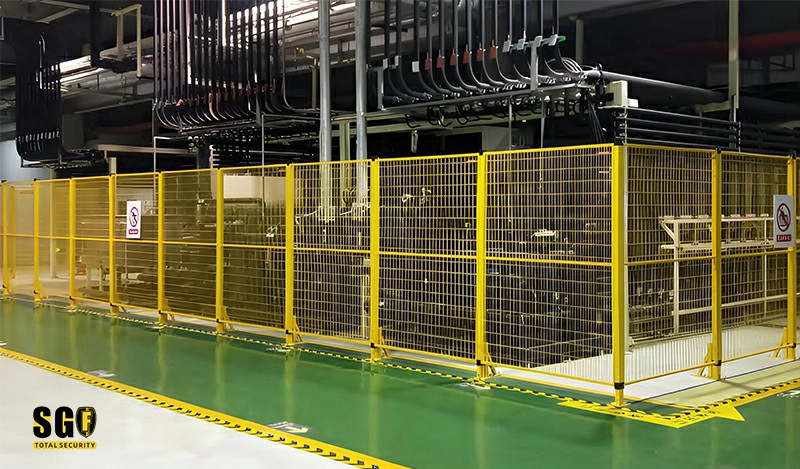 Industrielle Maschinensicherheitszäune mit gelben Maschenpaneelen, die eine kontinuierliche automatisierte Produktionslinie trennen