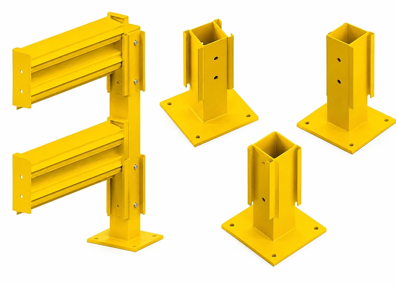 Corrugated guard rail components with bolted beams, square posts, and base plates