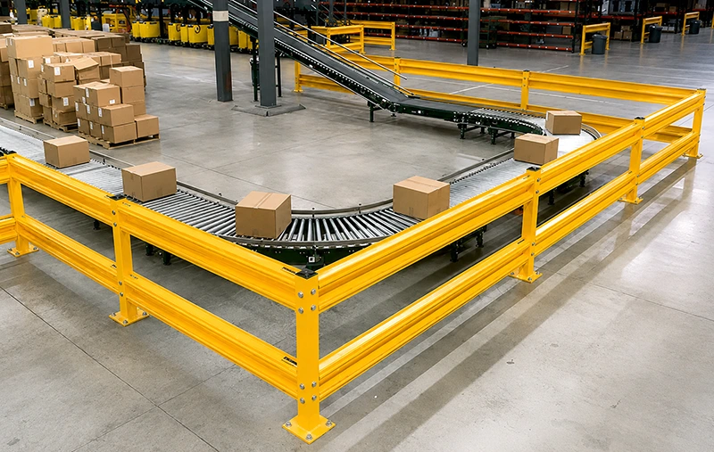 Corrugated guard rail following warehouse conveyor curves with anchored base plates