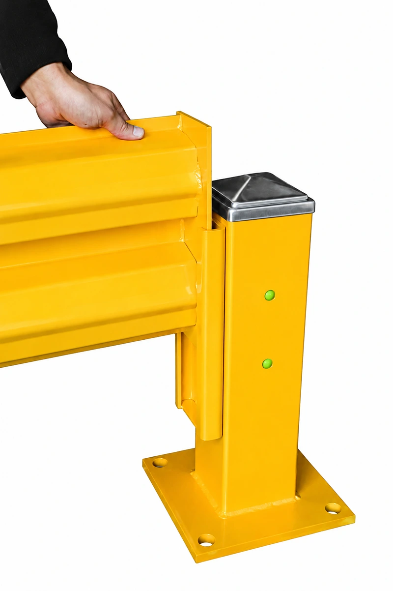 W-beam guardrail post with twin corrugated panels, side connection slot, fasteners, and anchor base plate