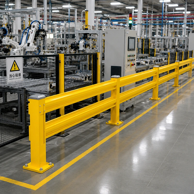 Sistema de barreira de segurança de alta resistência com trilhos corrugados duplos, placas de base e parafusos de ancoragem protegendo robôs de fábrica