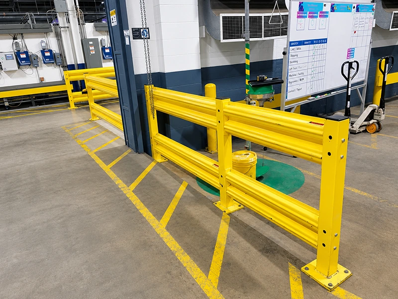 Steel guard rail with double corrugated rails and bolted base plates for forklift protection in a factory aisle