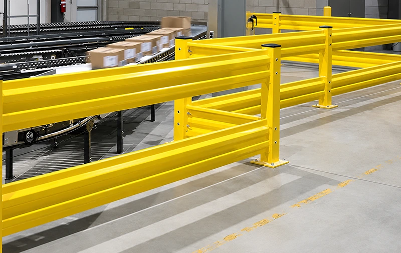 3-rib guardrail installation detail: yellow heavy-duty forklift safety barrier with twin corrugated rails, 160 by 160 millimeter base plates, and bolt-down posts