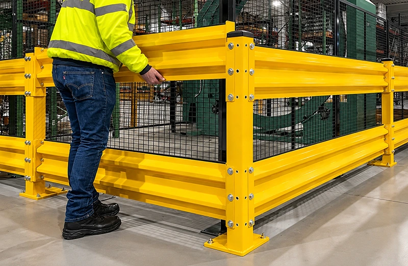 Safety barrier system with twin corrugated steel rails, bolted posts, and floor anchor plates