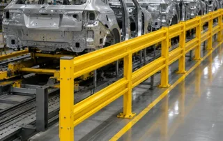 Una barrera de seguridad amarilla de acero con doble riel protege una línea de ensamblaje automotriz contra impactos de montacargas en la zona de descarga de secuenciación JIS
