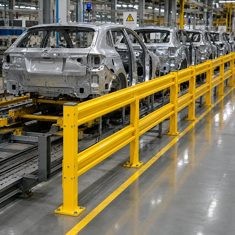 Yellow dual-rail steel safety barrier with anchored square posts protecting a production line walkway from forklift impacts