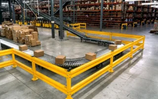Sistema de barrera de seguridad con rieles corrugados dobles que separan los transportadores del almacén y las rutas peatonales