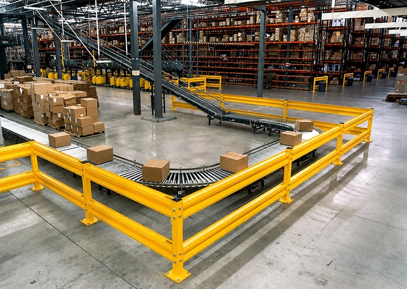 Safety barrier system with double corrugated rails separating warehouse conveyors and pedestrian routes
