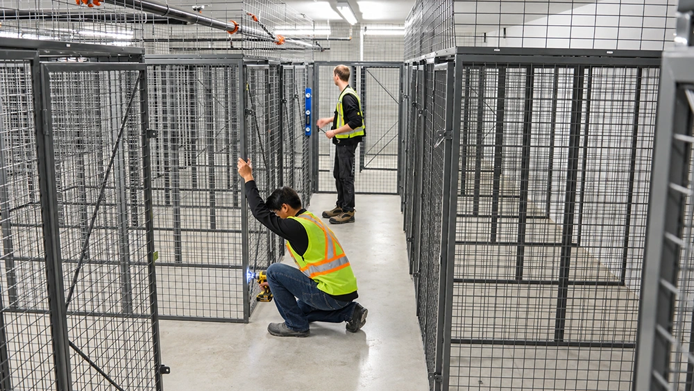 SGF stlk modular wire mesh partition installation by workers adjusting hinged mesh gate in warehouse