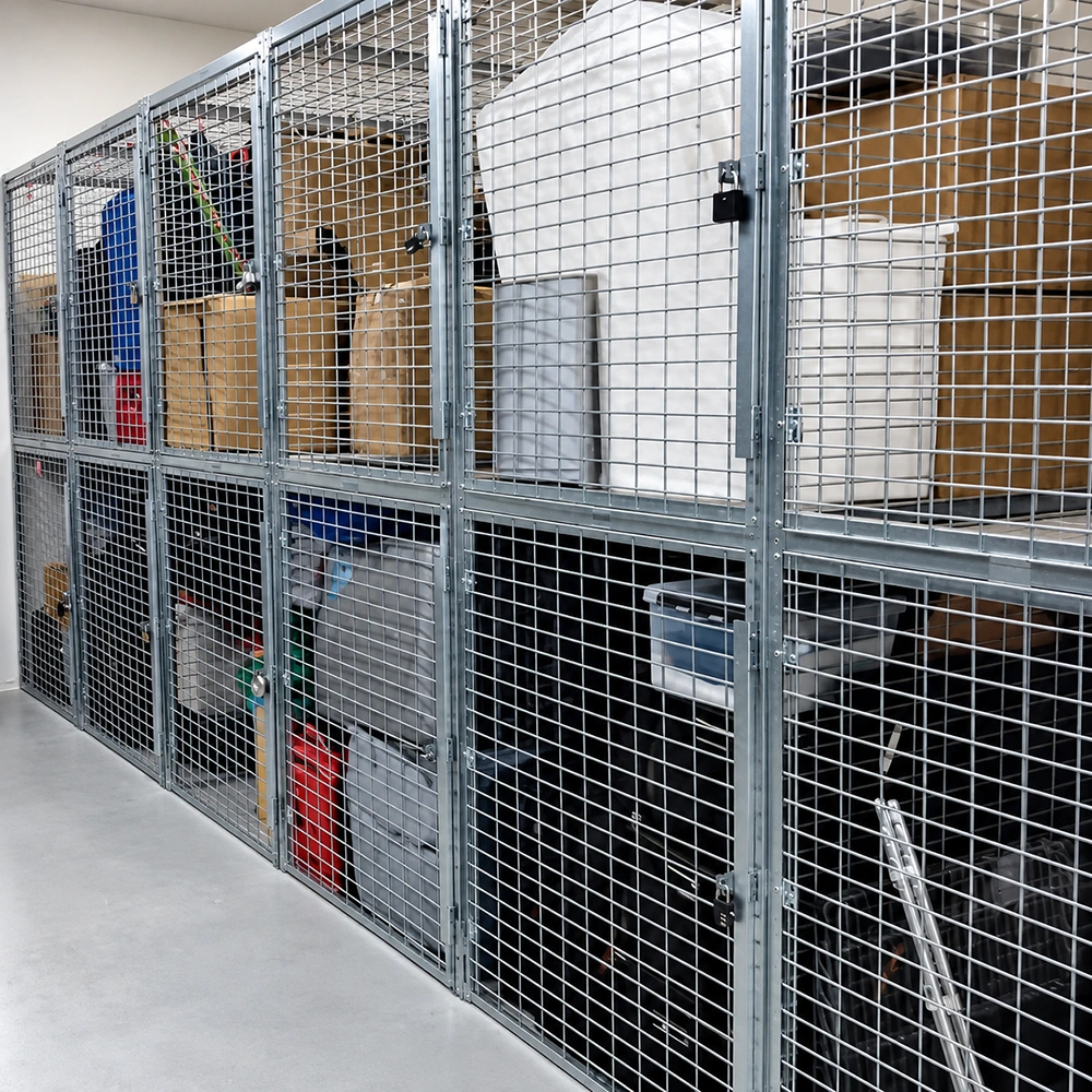 Modular metal wire mesh storage lockers with padlock doors for secure warehouse and office organization.