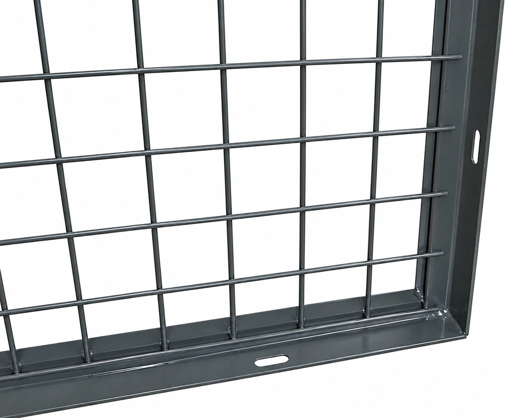 Dark grey metal wire mesh partition panel 3D render, showing welded grid structure, reinforced frame, and oblong mounting slots.