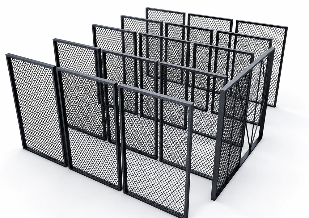 3D render of black metal wire mesh partitions featuring modular storage cage frames, diamond mesh panels, and interconnected secure enclosure structures.