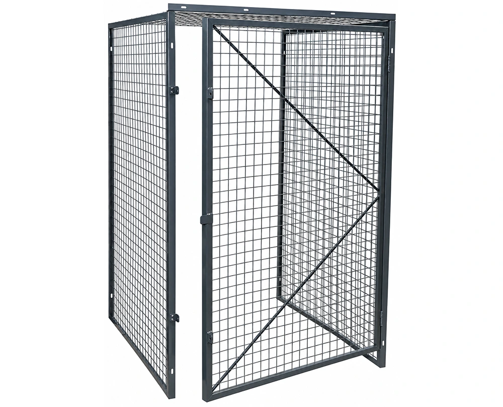 3D render of black wire mesh storage cage with hinged door and diagonal brace, industrial security partition.