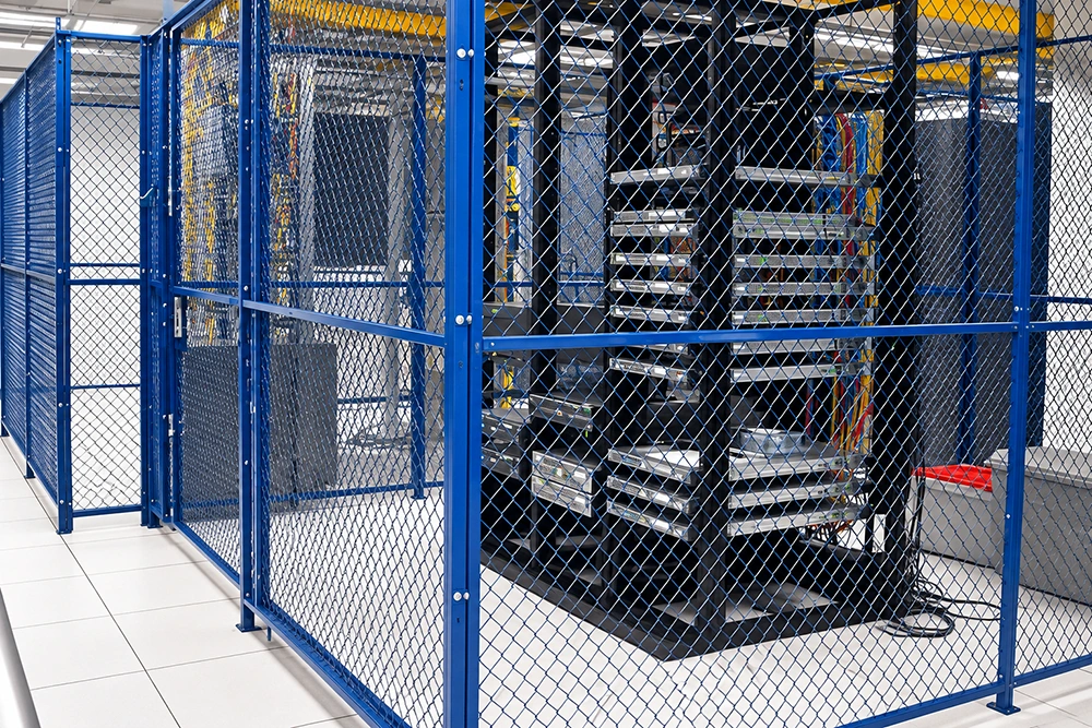 Blue metal mesh partition enclosure with lockable hinged door securing server racks in a data center